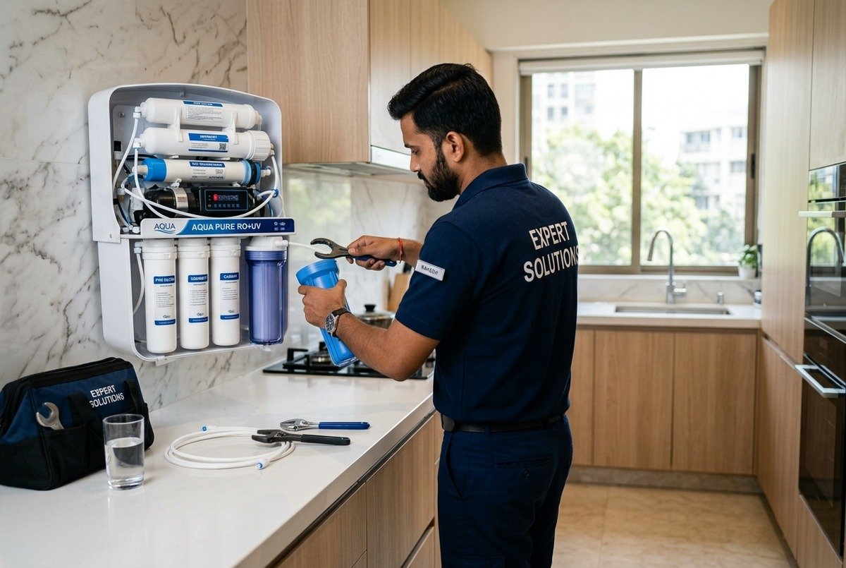 Expert Solutions technician servicing home RO water purifier